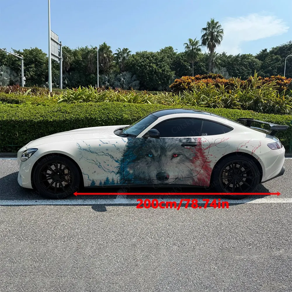 2pcs Lightning Split Wolf Mountain Forest Car Side Wrap, Self-Adhesive PVC Waterproof & Scratch-Resistant Sticker, Car Accessory