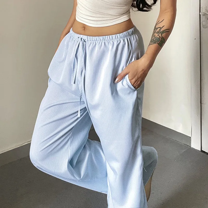 Seaside Vacation Striped Patchwork Casual Pants High Waist Cleanfit Style Women's Mid-aged Polyester Fabric Natural Waist
