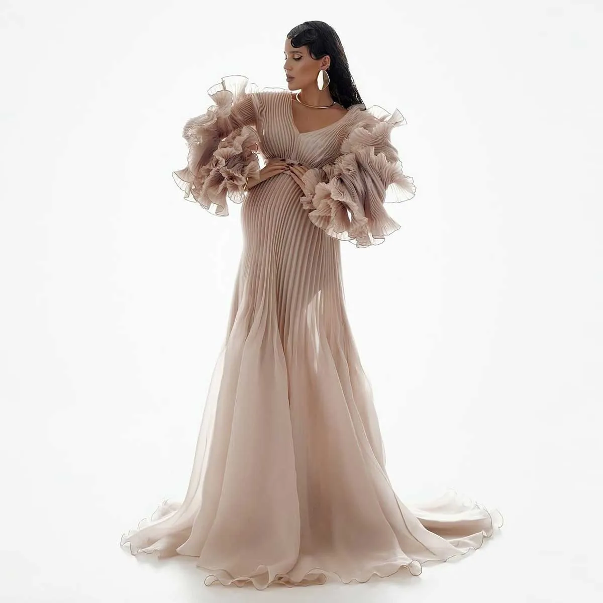 かわいいプリーツオーガンザマタニティドレス写真撮影 V ネックパフスリーブマタニティドレス платье для беременных Babyshower カスタム