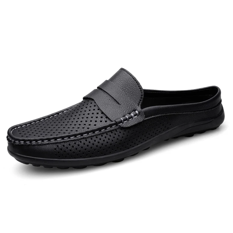 Summer Men Breathable Half Shoes Casual Leather Shoes White Black Slip On Loafers Shoes Big Size 46 47 Dropshipping