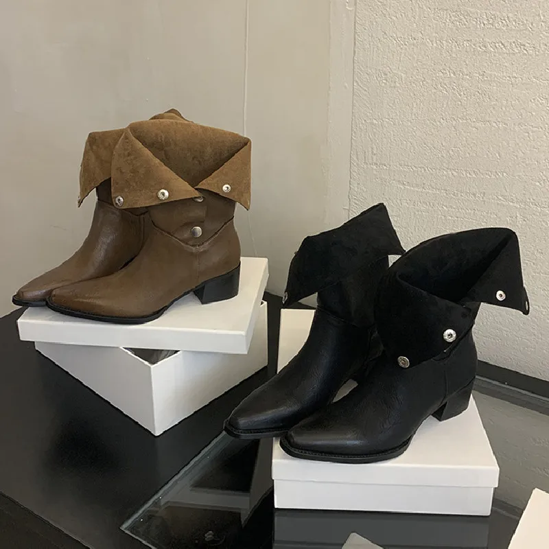 

2026 зимние модные ботильоны, женские ковбойские рыцарские сапоги в британском стиле с острым носком и квадратным массивным каблуком в сложенном стиле