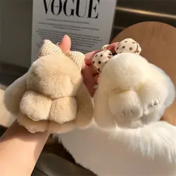 Hair Bow Rabbit Fur Keychain Pompoms Cute Fluffy Bunny Keychain Bag Charm Alloy Ring Plush Rabbit Key Ring Couple Pendant
