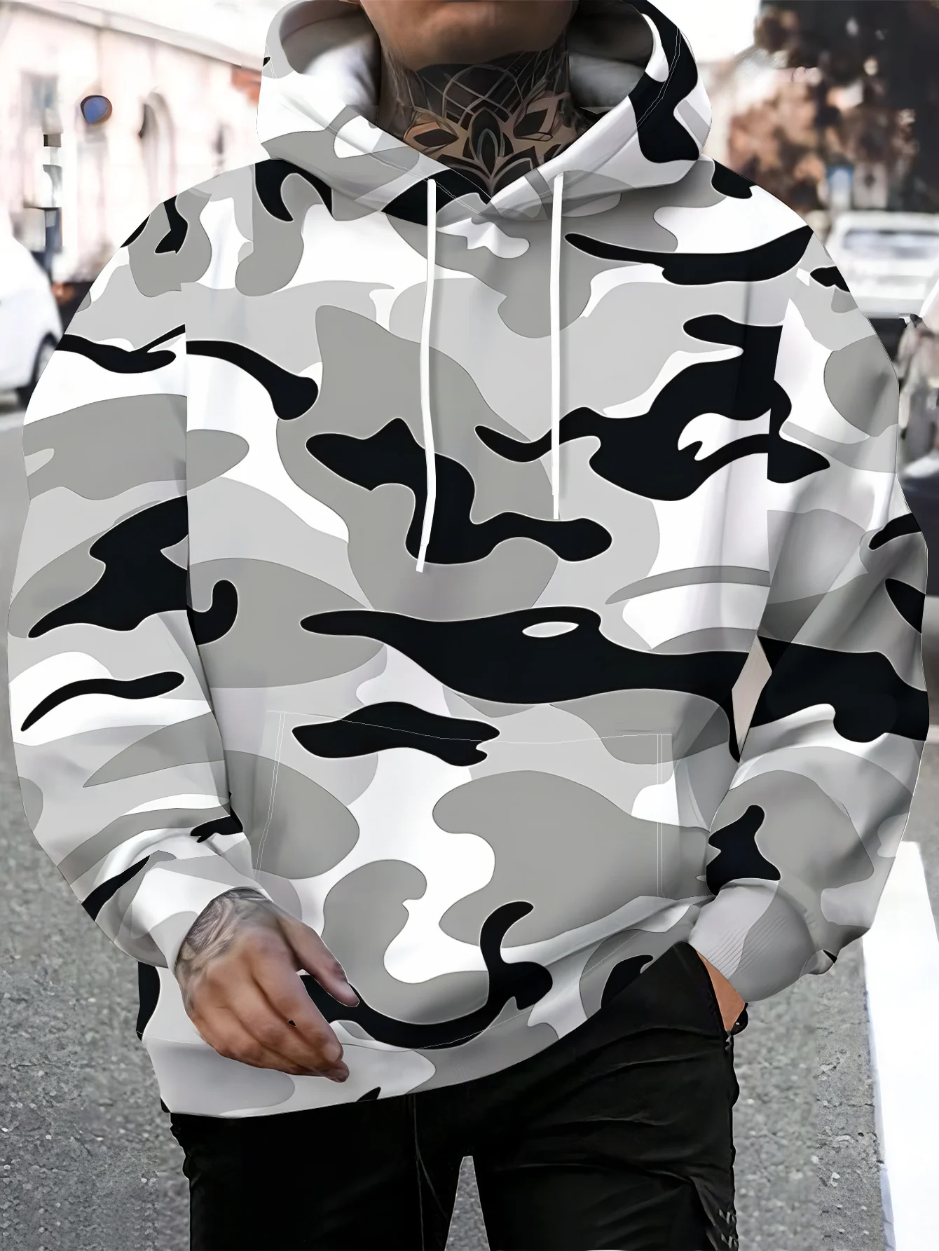 3D Full Print Snow Camo Hoodie Men White Grey Black Camouflage Graphic Drawstring Loose Casual Hooded Sweat Top