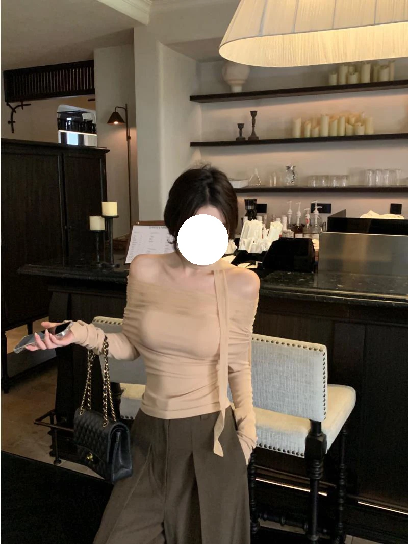 Korean Style Spring Autumn One Shoulder Long Sleeve T-Shirt Women's Mesh Sexy Slimming Top Pure Color Sash Female Fashion
