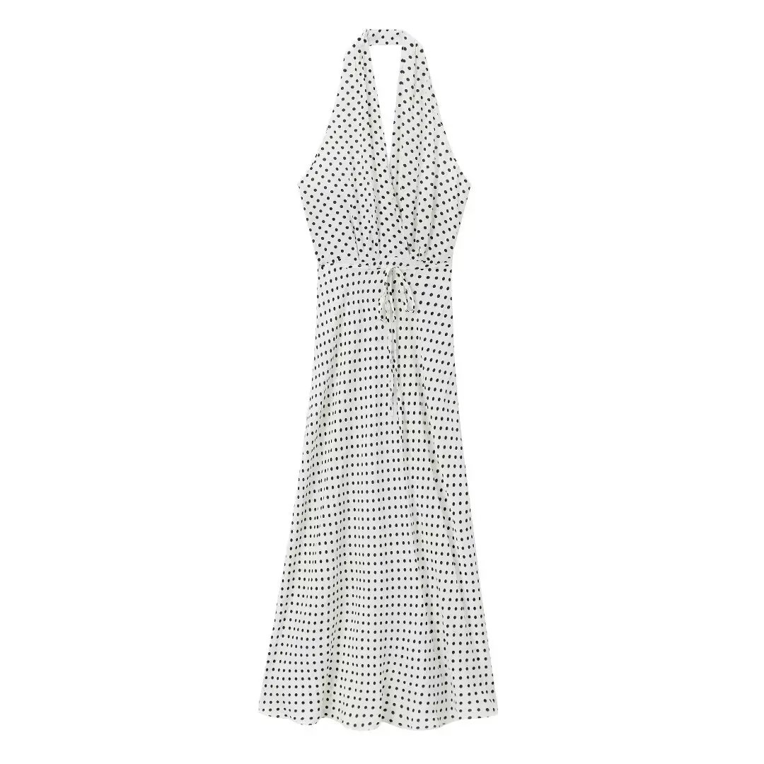 Women's 2024 New Chic Temperament Fashion Polka-dot Hanging Neck Design Midi Dress Retro Sleeveless Women's Dress Vestidos Mujer