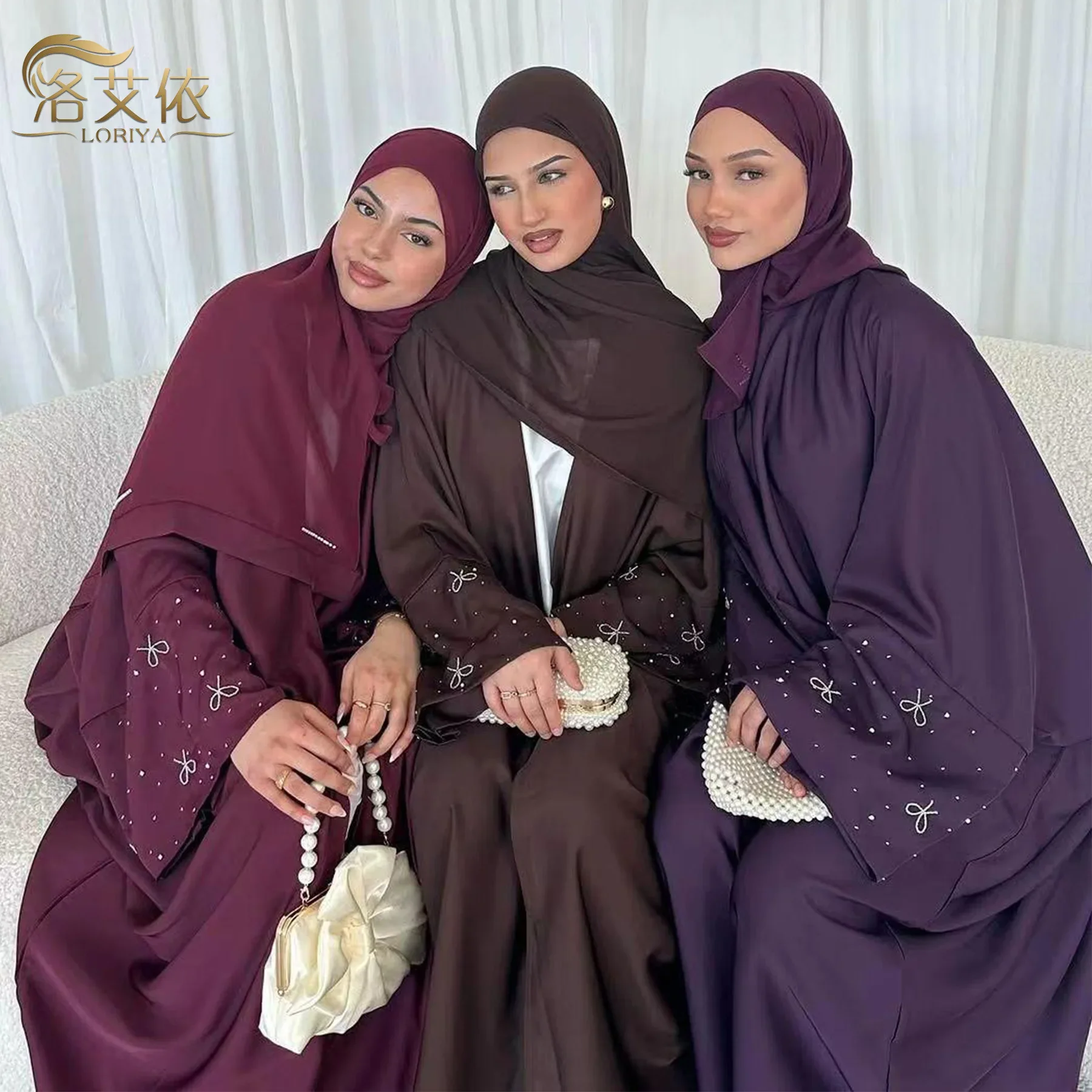 Dubai Beaded Bow Cardigan Robe Abaya Muslim Women Long Loose Maxi Dress Solid Color