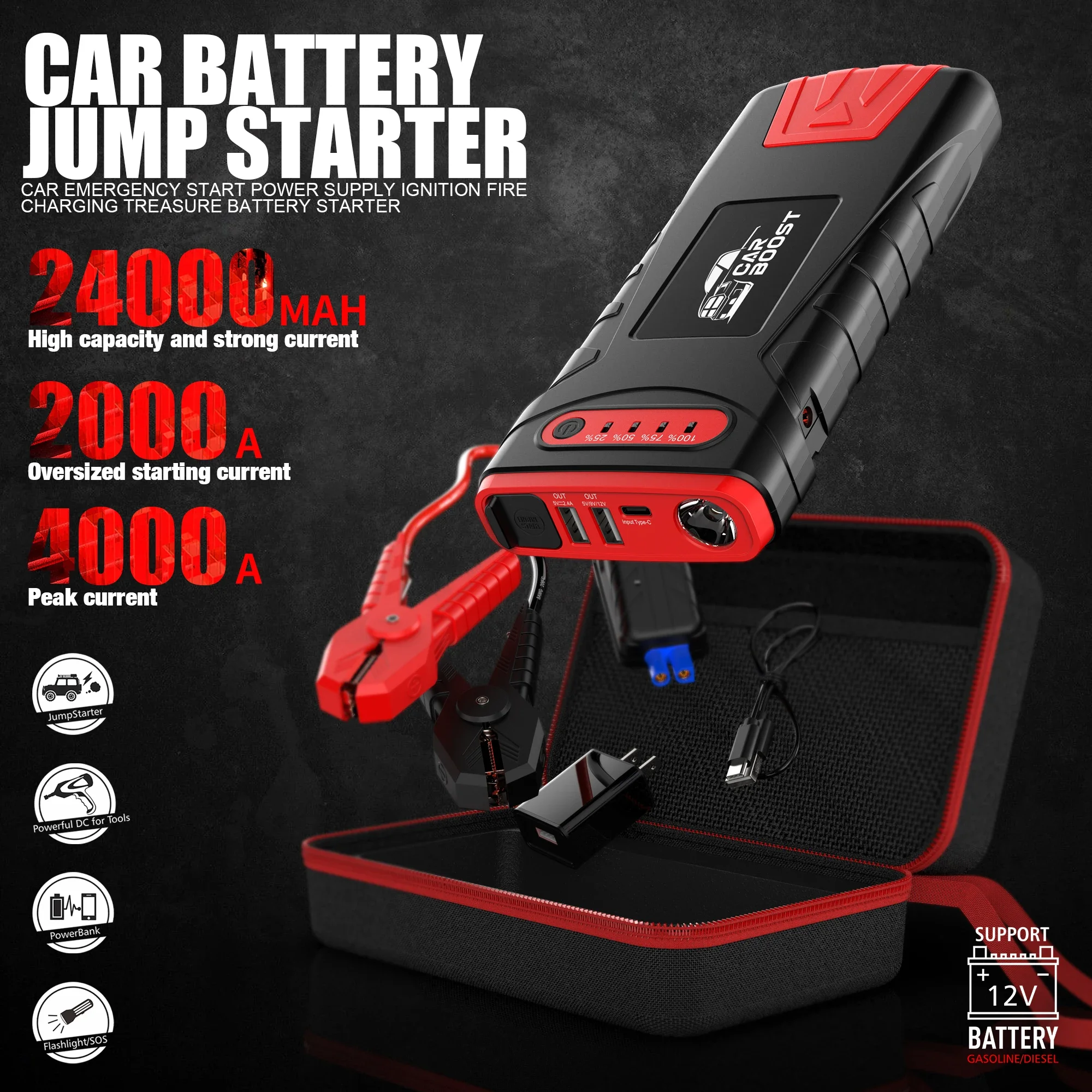 Portable 24000mah 4000amp Jumper Start 12V Jump Box Car Battery Jump Starter With Smart Jumper Cables LCD Display