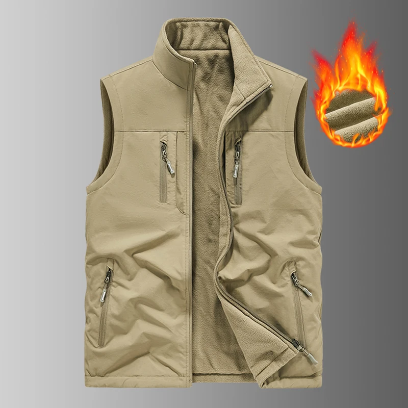

New Men's Cargo Vests Mens Sleeveless Jacket Multi-pockets Fleece Vest Waistcoat Autumn Warm Casual Travels Hiking Work Vest