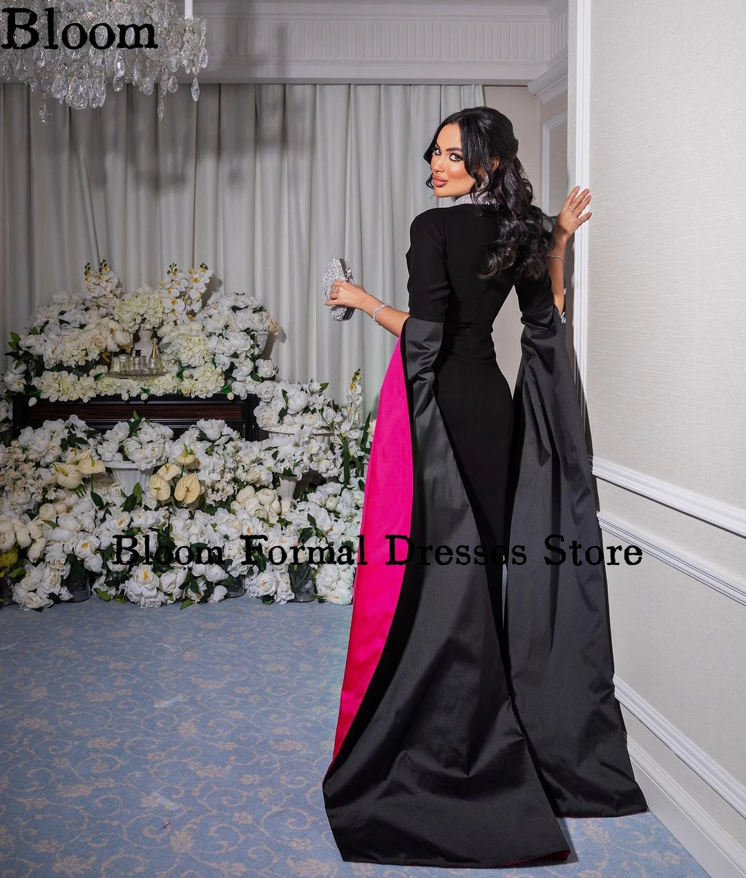 Saudi Arabia V-Neck Prom Dresses Black Sheath Long Split Sleeves Rose Red Gorgeous Formal Evening Dresses wedding Party Dress