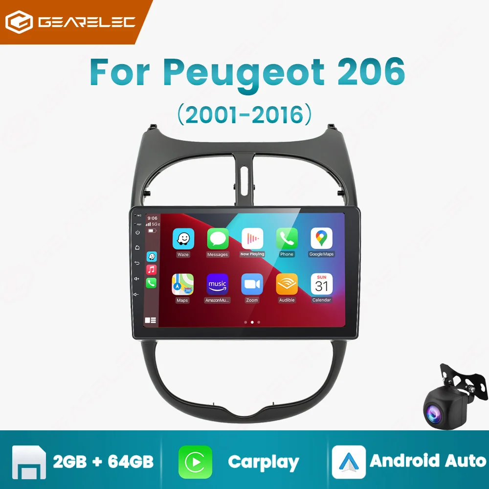 GEARELEC Carplay 9'' 2din Android 13 Car Radio For Peugeot 206 206CC 206SW 2001~2016 Multimedia Video Player GPS Navi WIFI BT