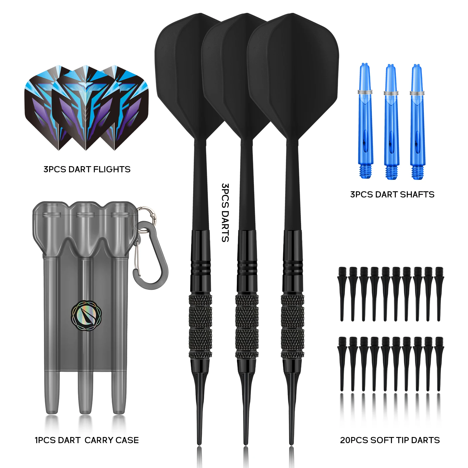 Huanqu 3-Piece Professional Soft Dart Set, Dedicated for Electronic Dart Boards, Non-Slip Iron Dart Shafts, Integrated Dart Wing Design, Includes 20 2Ba Spare Soft Dart Tips + 3 Transparent Blue Dart Shafts + 3 Pet Dart Wings, Suitable for Adult Family Entertainment, Bar Parties, Christmas and Halloween Gifts