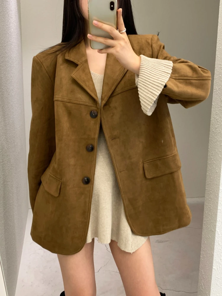 Chic Korea Autumn Winter Vintage Coffee Coat Women Elegant Buckskin Fleece Blazer Y2k Long Sleeve Office Lady Casual Suit 2024