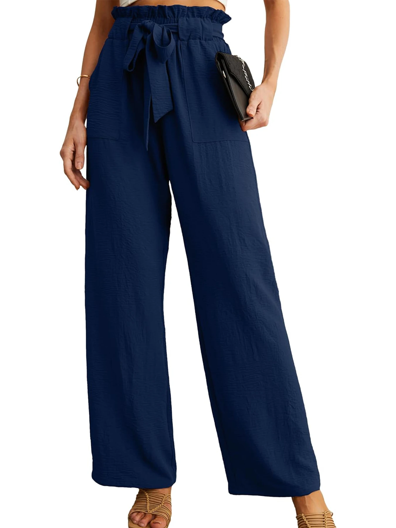 Damen-Freizeithose mit hoher Taille und weitem Bein, mit Taschen, verstellbarem Kordelzug, locker, schlank machend, bequem für den Urlaub – Detail 5