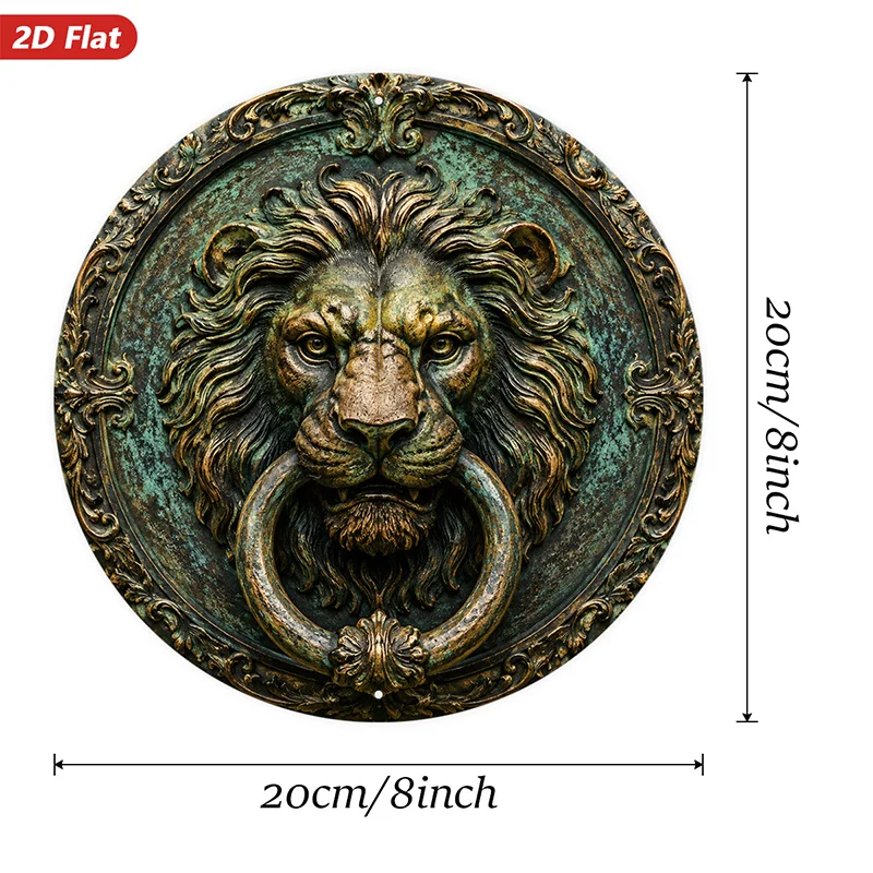 2D Flat, 1pc Lion Head Medallion Round Metal Sign Wall Art, Ornate Lion Face, Vintage Texture, Large Door Knocker, Perfect for S