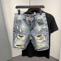 Short en jean droit pour homme, pantalon court en denim, mode coréenne, trous, été, 5 pièces