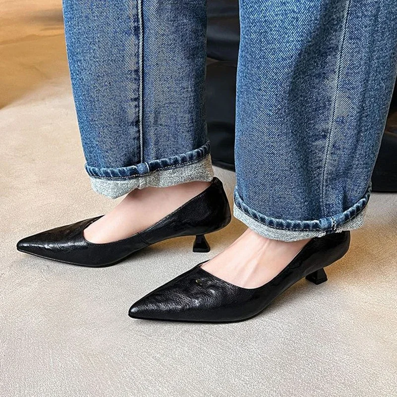 NEW Spring/Autumn Women Pumps Genuine Leather Shoes Women Pointed Toe Thin Heel Shoes Slip-on Shallow High Heels Handmade Shoes