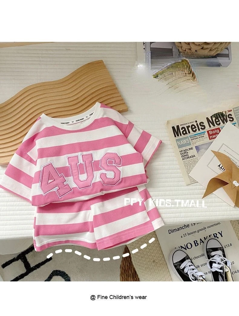 Boys and Girls Summer Suit 2024 Baby Thin Korean Style Striped Children\'s Short-sleeved Shorts Two-piece Set