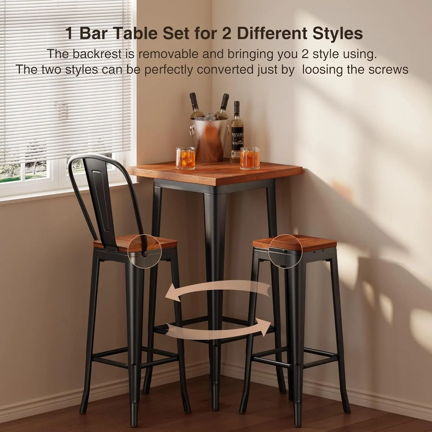 Bar Table and Chairs Set, Pub Table and Chairs Set of 2, with Elm Solid Wood and Thickened Metal Frame, for Bar, Small Spac