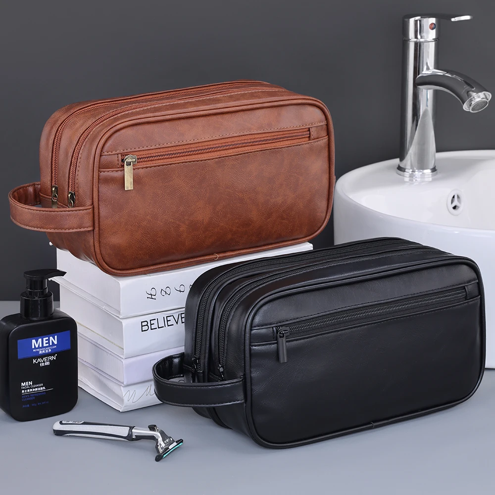 

Double-Layer Toiletry Bag for Men PU Leather Travel Wash Organizer Dopp Kit Water-resistant Shaving Cosmetic Bag Strorage