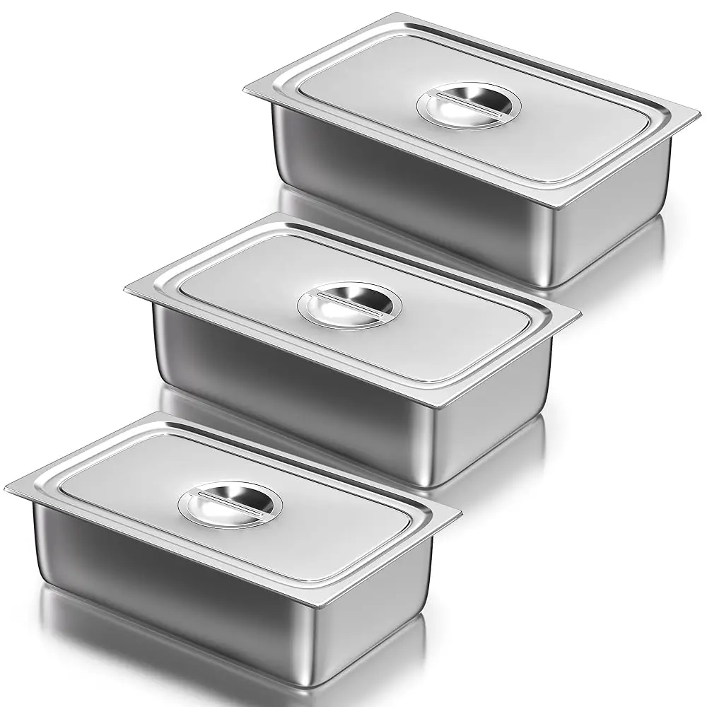 

Steam Table Hotel Pans With Lid 1/1 Full Size 6 H Deep 3 Pack, Stainl Steel Metal Tray Sets Food Storage Container, Restaurant