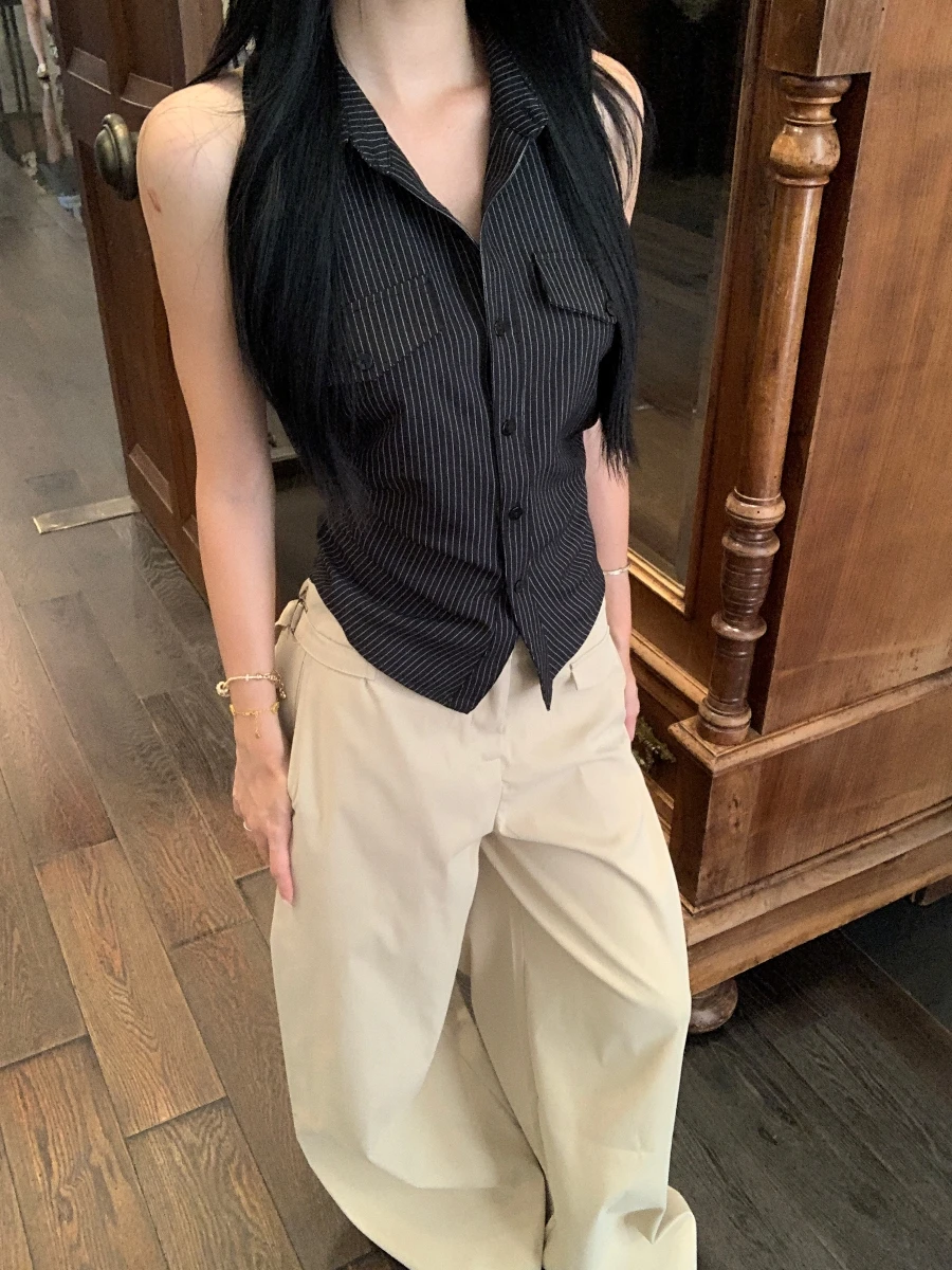 Fashionable Stripe Backless Sleeveless Shirt Women's Summer New Korean Style Age-Defying Design Sense Small Audience Waist-Ci...