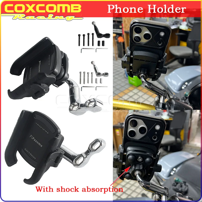 Pazoma Handlebar Perch Phone Holder Quick‑Lock Anti‑Slip 360 Rotation Bracket For Harley 1996‑Up Sportster S Pan America Yamaha