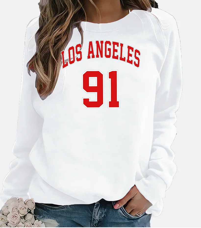 Feminino europeu los angeles carta impressa moletom com capuz tripulação-pescoço streetwear moletom estético rua moda casual outerwear