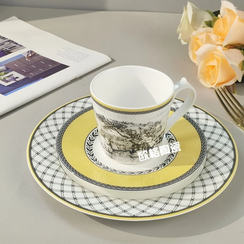 

Bone Porcelain Illustration Style Weijia Manor Household Western Food Plate Steak Plate Coffee Cup Plate Three-piece Set
