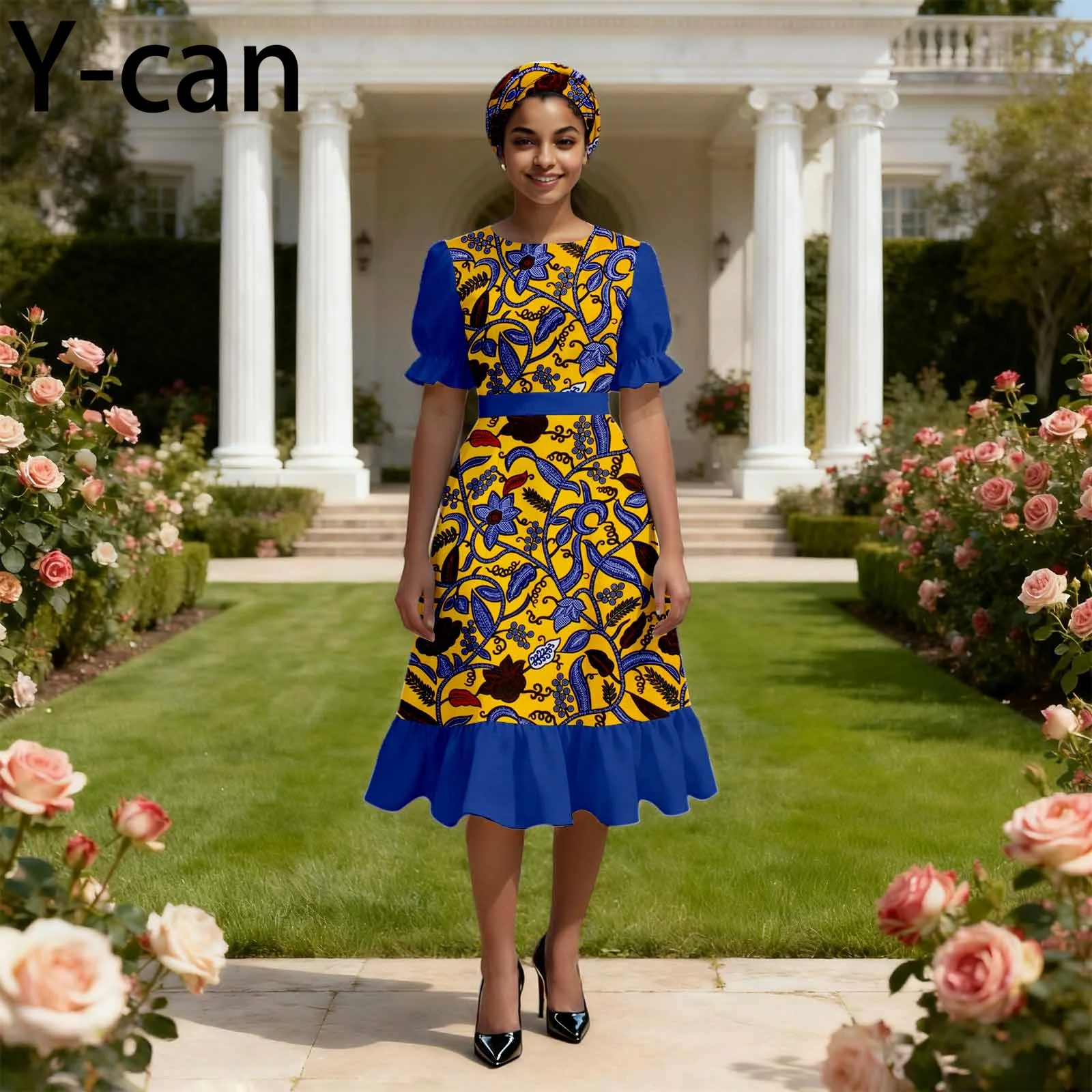 

Ankara Fashion Women O-neck Short Sleeve Patchwork Print Ruffled Vestidos With Headscarf Wedding Guest Dresses for Women 2525188