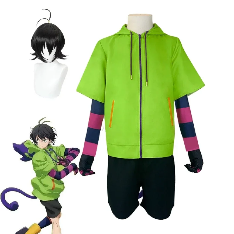 

Anime SK EIGHT Chinen Miya Cosplay Costume Uniform Men Green Coat Pants Gloves Tail Halloween Role Play Wig Full Suit