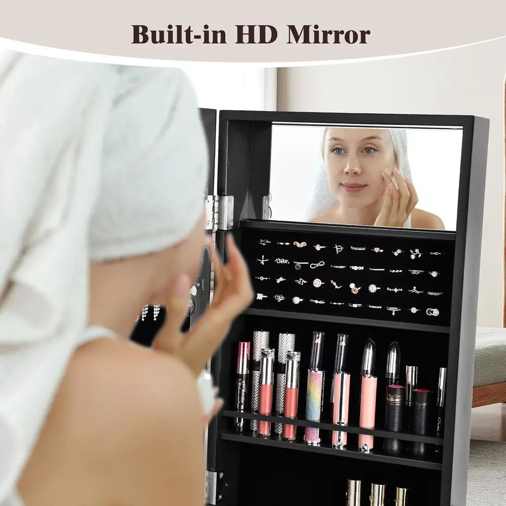 Black Full-Length Mirror Jewelry Cabinet with LED Lights, Storage, Lipstick Holders, Shelves, Earring Notches & Makeup Mirror