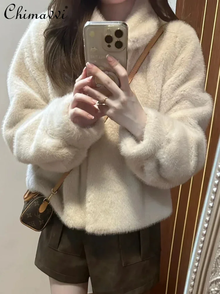 

Fashion Fur Stitching Women's Faux Fur Coat 2023 Sweet Autumn and Winter Korean Style Stand Collar Loose Long Sleeve Short Coat