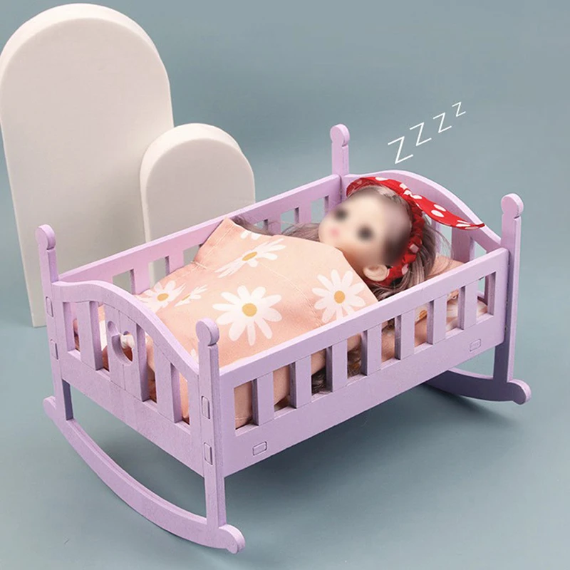 Dollhouse Wooden Nursery Cradle Baby Doll Shaker Toy Accessories Bed Cradle Crib Play House Toy Accessories Bed Cradle