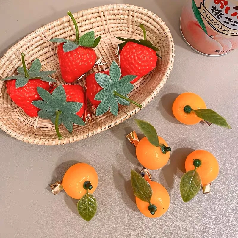 Imitation cute real fruit hairpin soft cute girl 2024 new bangs clip orange strawberry three-dimensional hairpin headdress