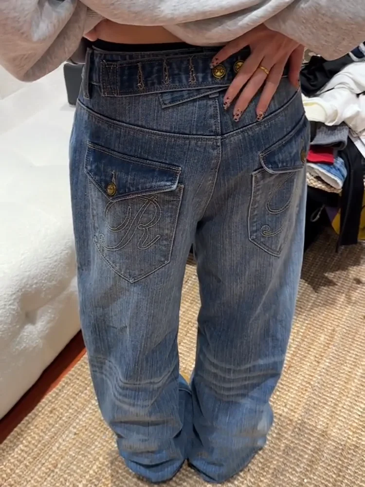 

plus Size Vintage Bamboo Design Paris Button Casual Straight Leg Loose Fit American Style Versatile Denim Jeans for Women