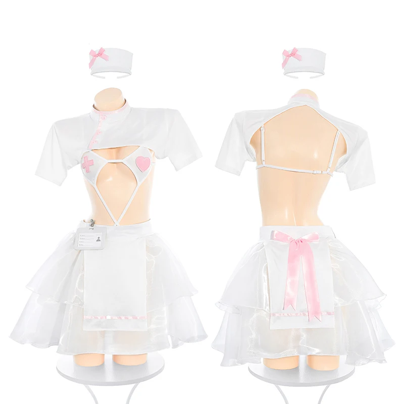 

Anime White Nurse Split Uniform Set Cosplay Costume Three-Point Style Top Skirt Daily Wear Halloween Women Temptation Sleepwear