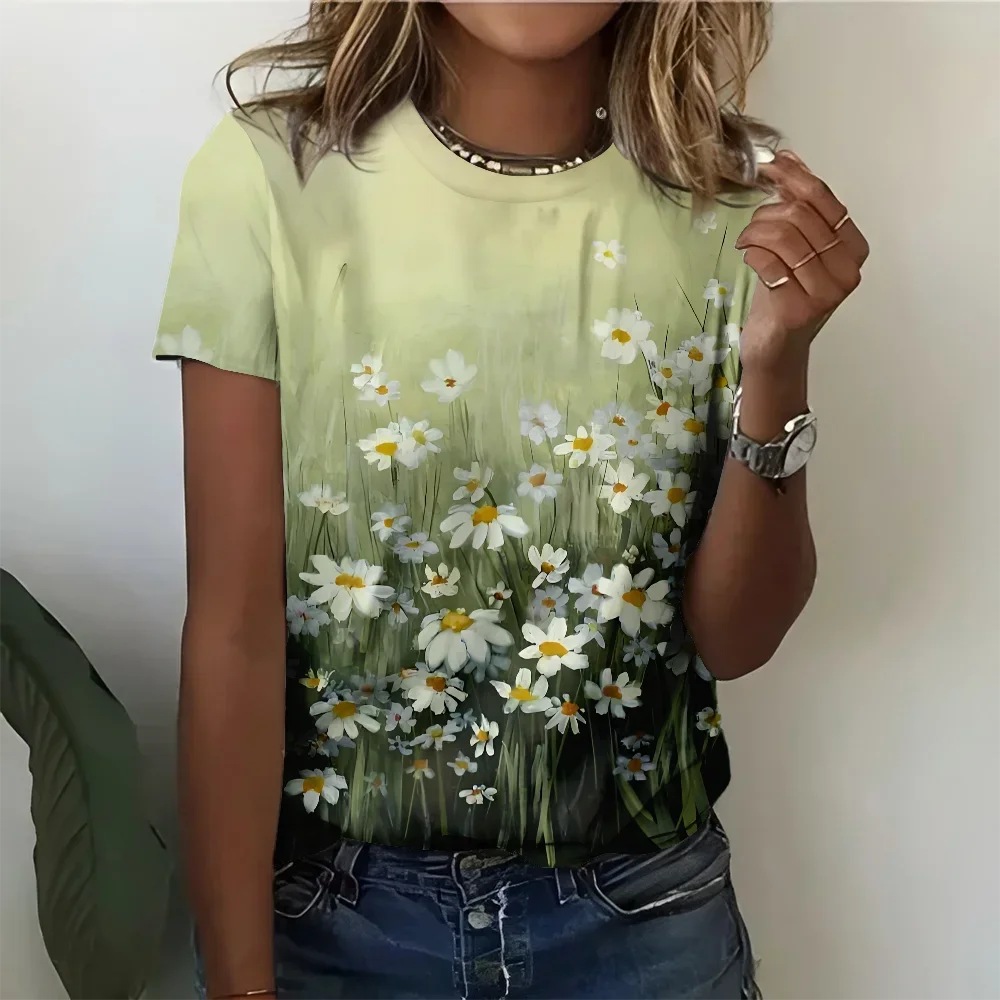 

Green Daisy Grass Printed Women's T-shirt - Summer Casual Fashion Comfortable Short Sleeve Inspired By Nature