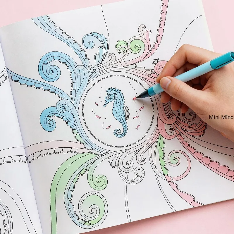 

One Adult Decompression Hand Drawn Coloring Graffiti Book, Ocean Small Fish Line Draft Coloring Album, 24 Marine Life Patterns