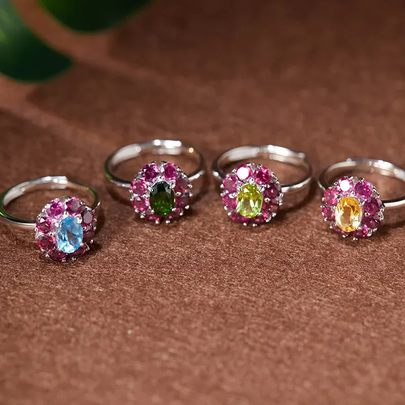 Natural citrine diopside topaz olivine ruby colored treasure ring s925 sterling silver live stream wholesale