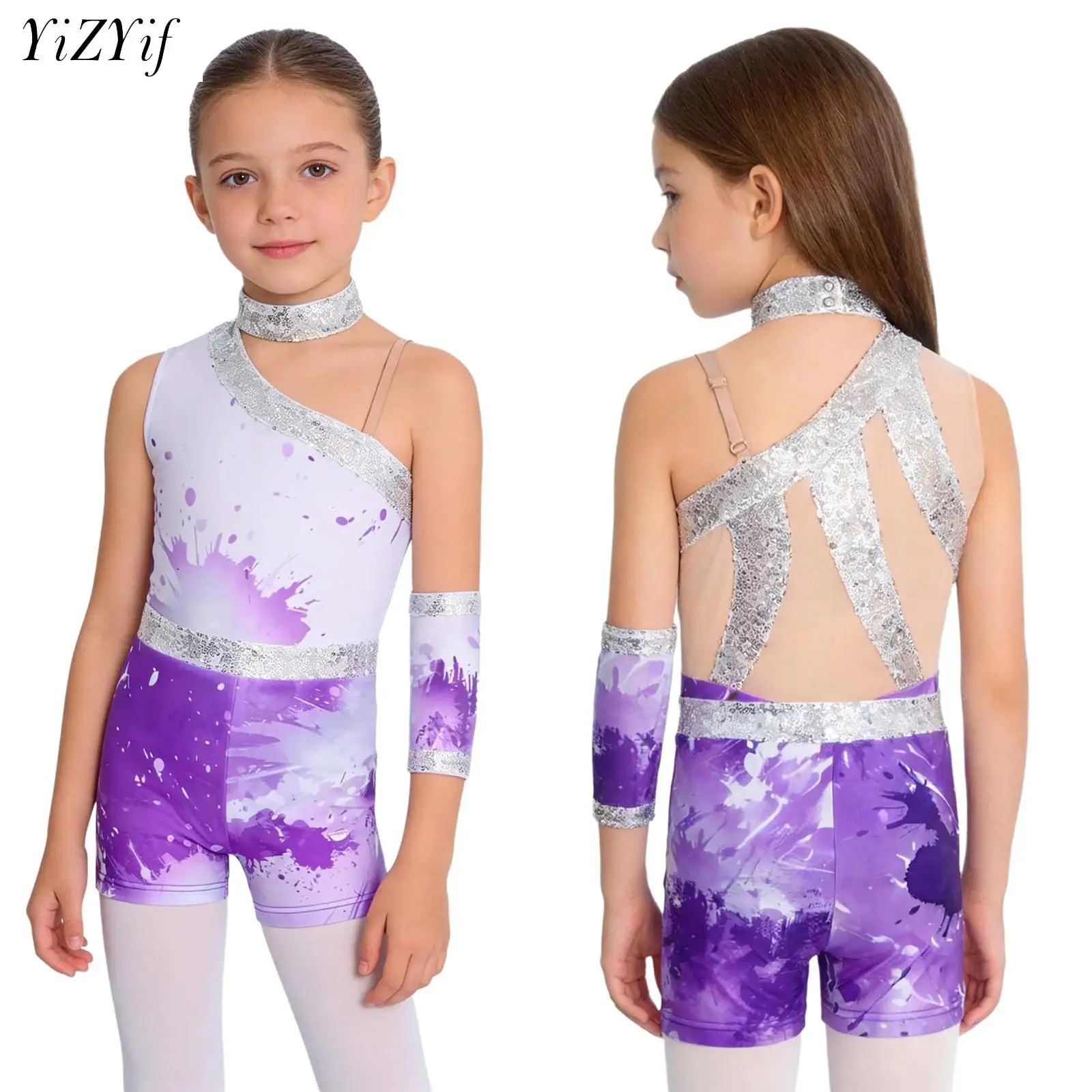 

Kids Girls Figure Skating Artistic Gymnastics Leotard Costume Sequins Printed Sleeveless Ballet Dance Unitards with Shorts Glove