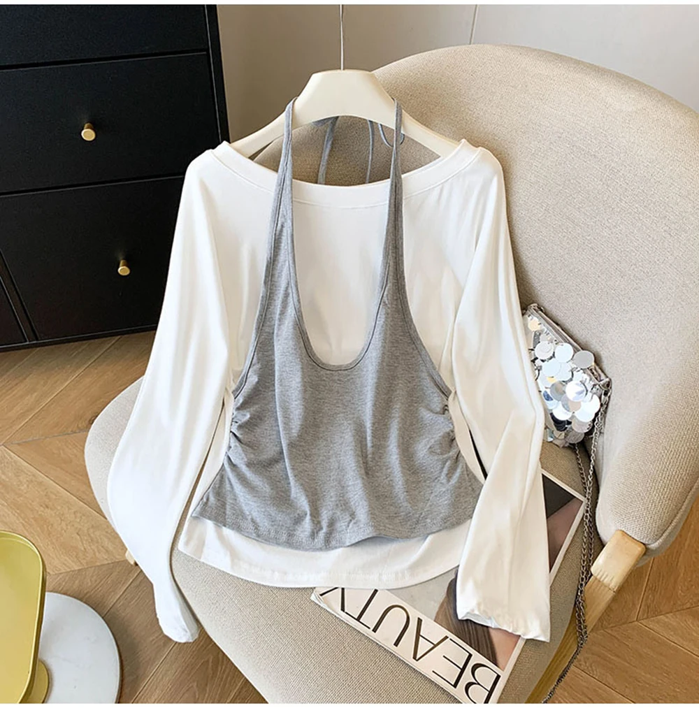 Faux 2 pièces col licou T-Shirt femmes 2025 nouveau automne Style coréen taille froissée coupe ajustée pull à manches longues hauts à la mode