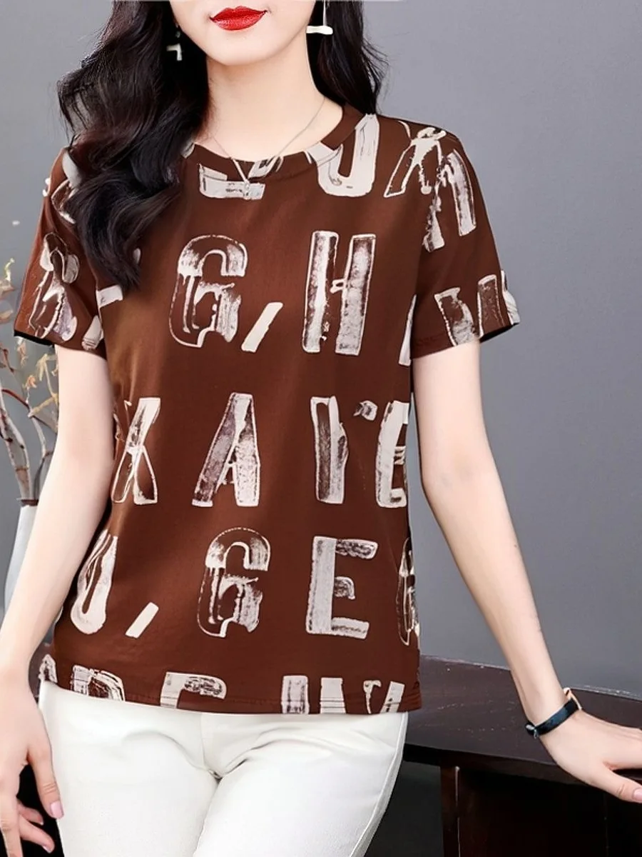 

Loose Short Sleeve round Neck Printed T-Shirt Women's Fashionable Ageless Mommy Summer Wear Polyester Fiber round Neckline