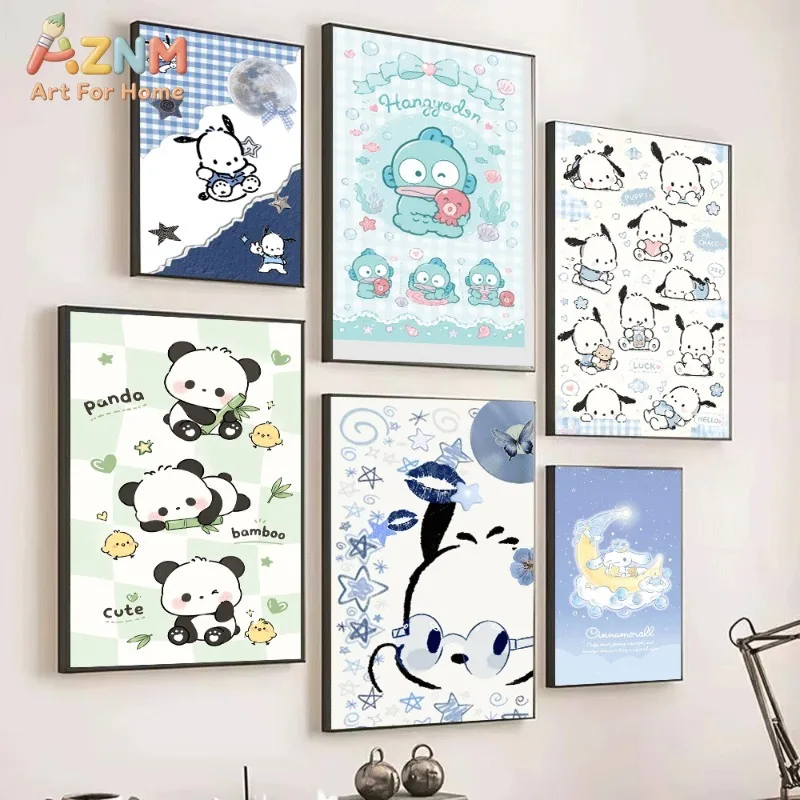 Sanrio Cute Cartoon Poster Pochacco Hangyodon Cinnamoroll Kuromi Moon Blue Plaid Canvas Wall Art No Frame Girls Bedroom