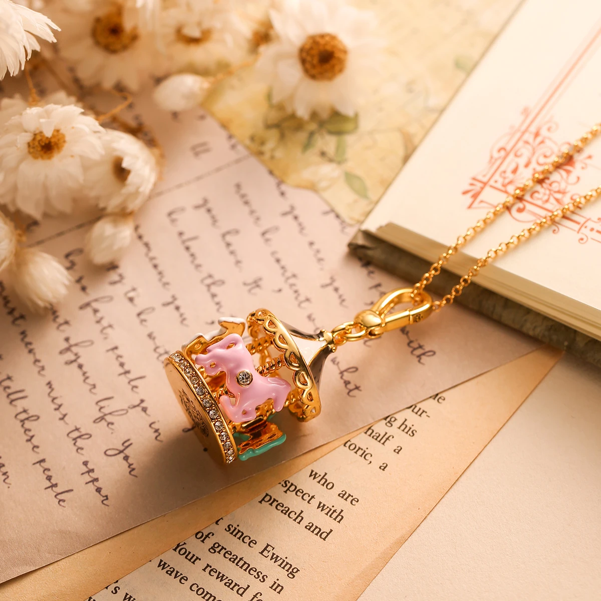 

1Pc Exquisite Enamel Carousel Pendant Necklace,Luxury Style, Sweater Chain Accessories,Party Jewelry Keychain Christmas Gift