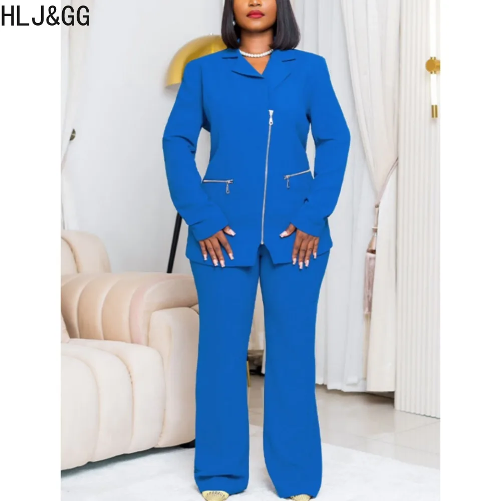 HLJ&GG Blue Elegant Lady Blazer Two Piece Sets Women Turndown Collar Long Sleeve Top+Straight Pants Outfits Casual OL 2pcs Suits