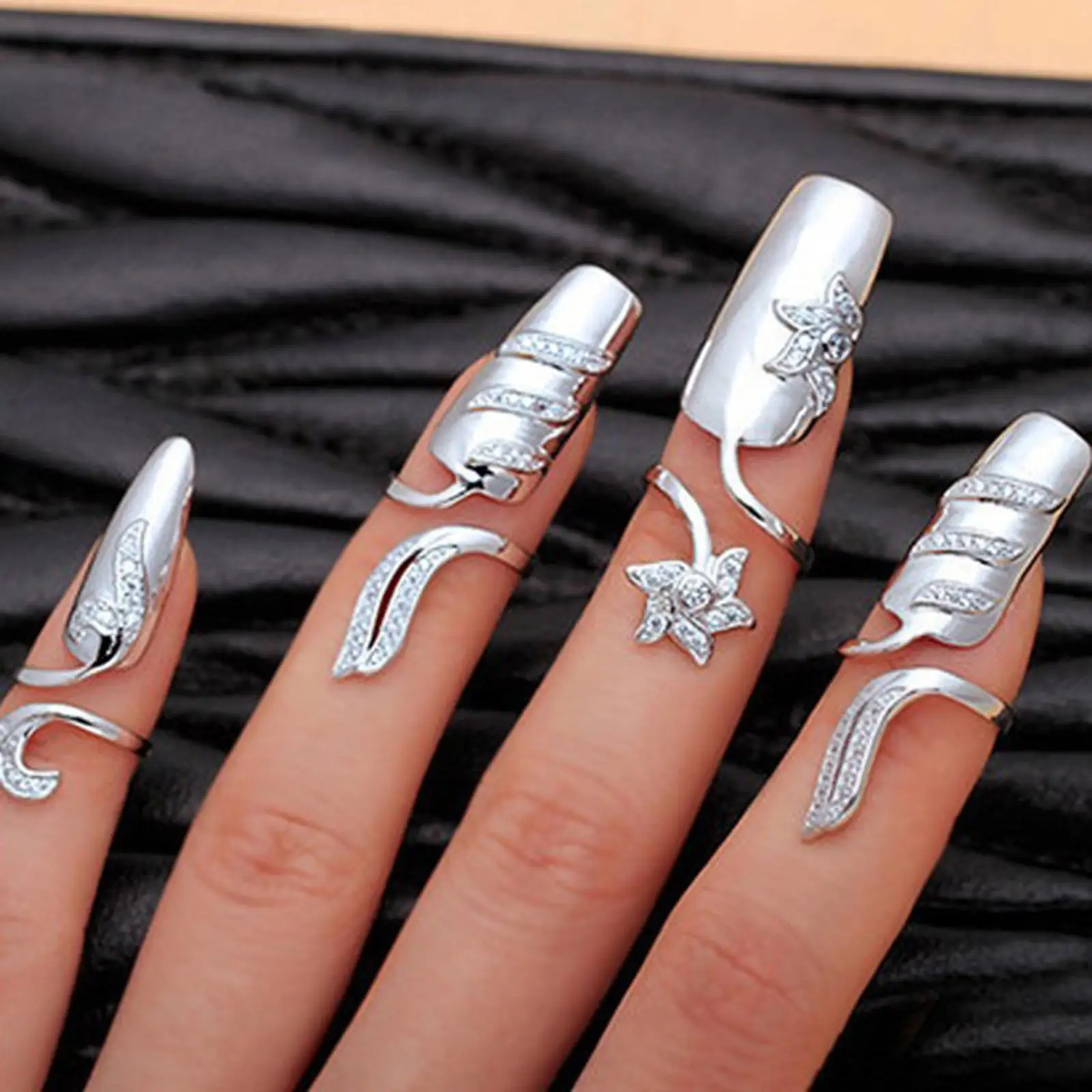 Alloy Fingertip Nail Protector Crystal Flower Ring for Elegant Ladies Jewelry Women’s Gift