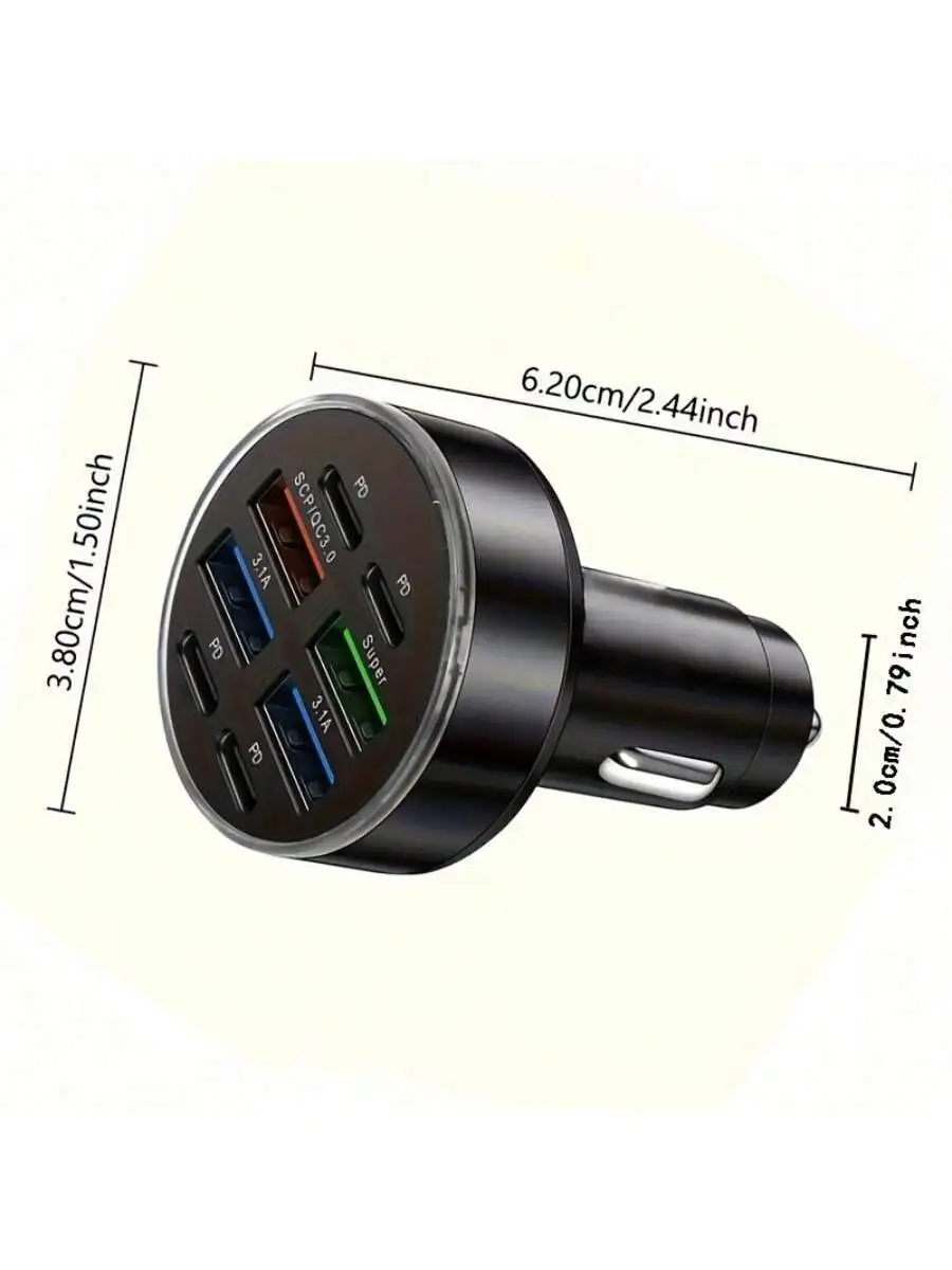 8-Port Car Charger: 4 USB 3.1A + 4 PD Ports, QC3.0 Fast Charge, LED Ring, Compact Design For iPhone & Android Devices
