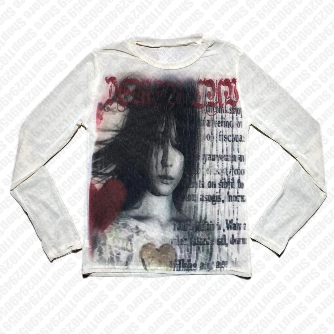 Vintage Fashion Casual Tops Letter Print Harajuku Graphic Baby Tees Shirt Long Sleeve Streetwear Y2k Aesthetics T-shirts Grunge