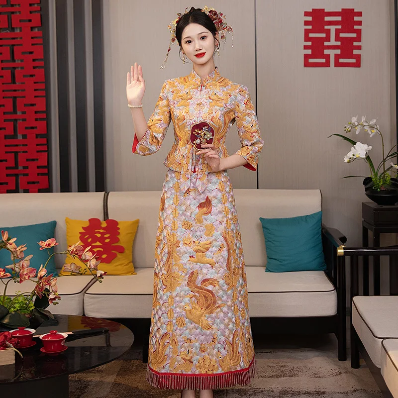 

Chinese Traditional Brides Wedding Dress Qipao Classics Tang Suit Hanfu Exquisite Dragon Phoenix Embroidered Marriage Dress Suit