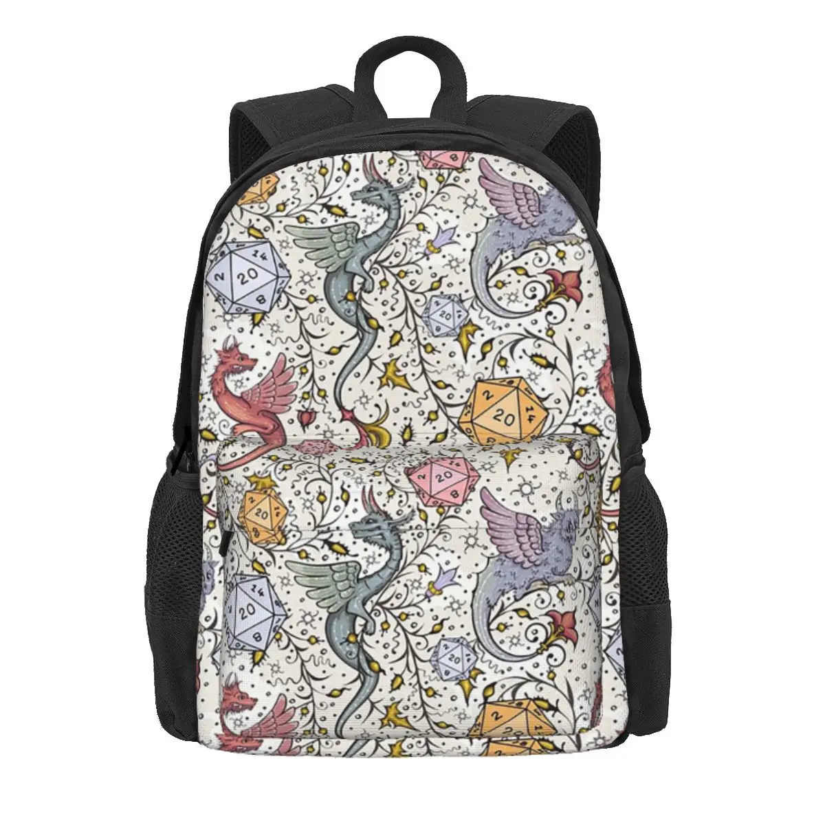 Medieval Dragon And D20 Dice Dnd Pattern Backpack Daypack Large Capacity Kids BookBag School Bag Shoulder Bags for Men Women